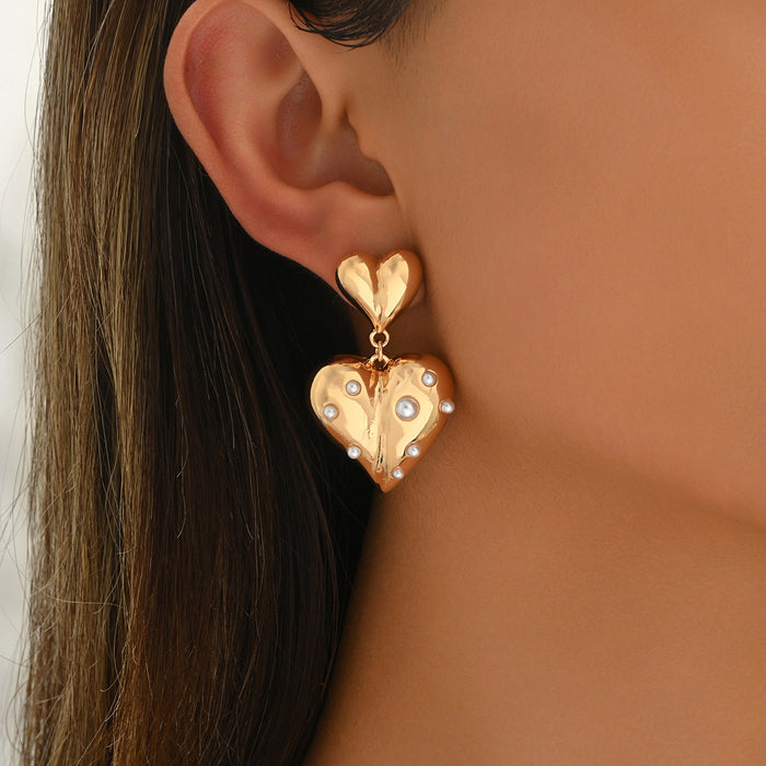 Wholesale Jewelry Love Personality Simplicity Metal Inlaid Pearl Earrings Retro Fashion Temperament