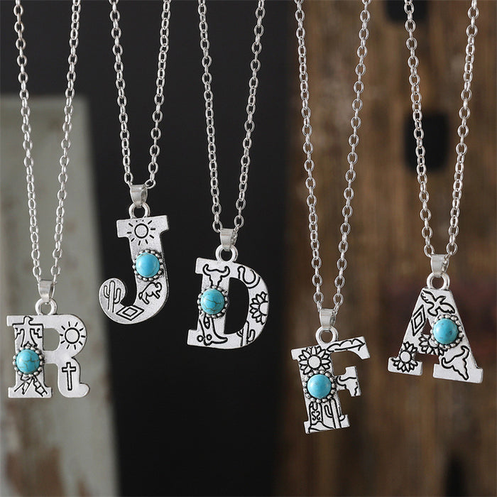 Wholesale 2pcs Retro 26 English Letter Turquoise Necklace