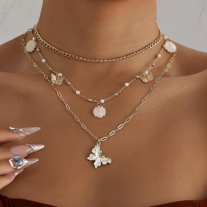 Wholesale Drip oil butterfly daisy retro layered layered collarbone chain