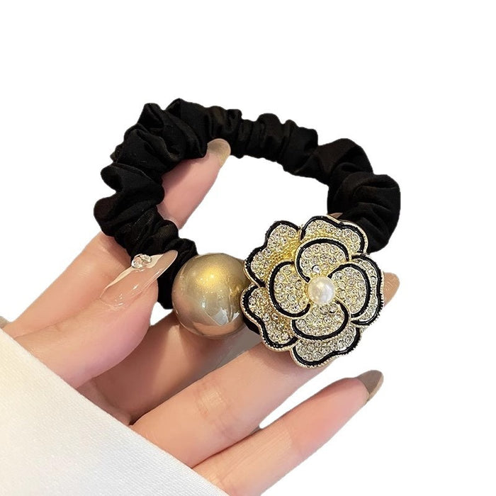 Wholesale Hairband exquisite camellia rhinestone hairband versatile retro high elastic ponytail ball hair band