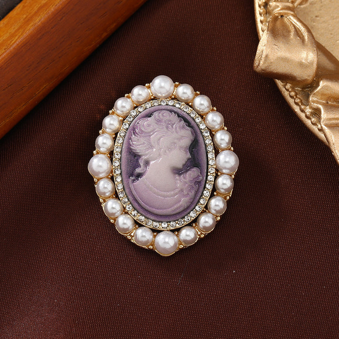 Wholesale New Oval Pearl Beauty Head Brooches Women' s Embossed Figure Pin
