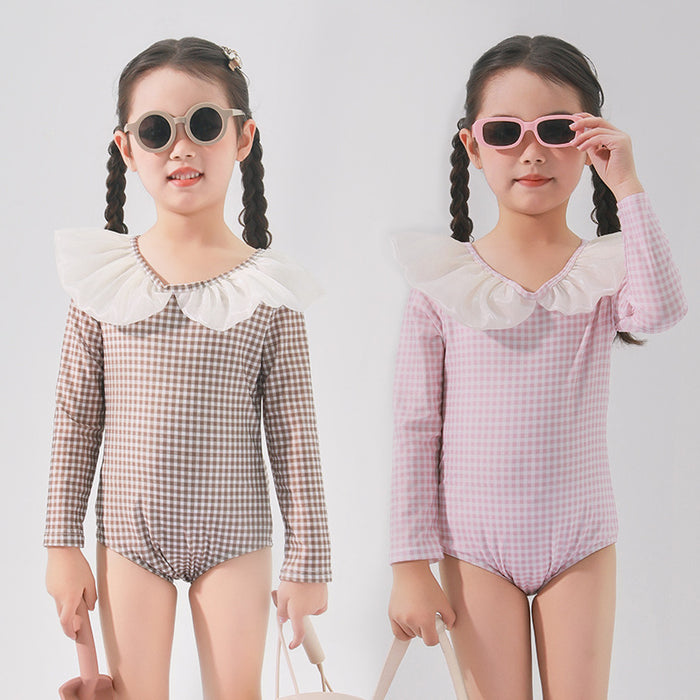 Wholesale Children's Swimsuit Girls Children's Polyester Ruffled Collar Plaid Long Sleeve Sunscreen Swimsuit Hot Spring