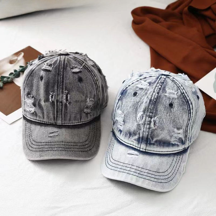 Wholesale British ripped hat, vintage distressed washed denim baseball cap, outdoor sun shading and sun protection, curved brim duckbill cap