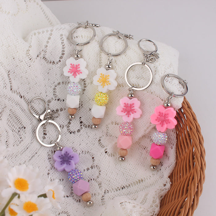 Wholesale Begonia  Flower Beaded Tassel Keychain Pendant Silicone Beads Handmade Bag Decoration Hanging