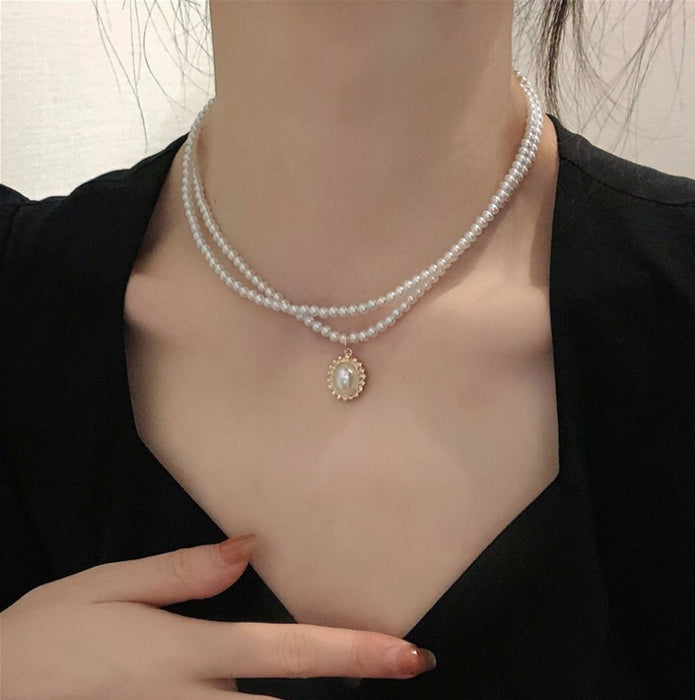 Wholesale Retro Baroque Double Pearl Necklace Female Simple Temperament Choker Necklace Fashion Clavicle Chain Neck Jewelry JDC-NE-DX001