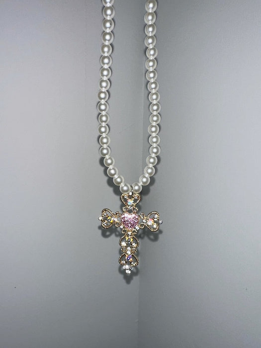 Wholesale Cross Necklace with Exaggerated Colorful Diamonds and Pearls Style Collarbone Chain
