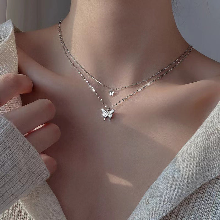 Wholesale Diamond studded bow pendant, water wave chain necklace, simple accessory, double-layer layered collarbone chain