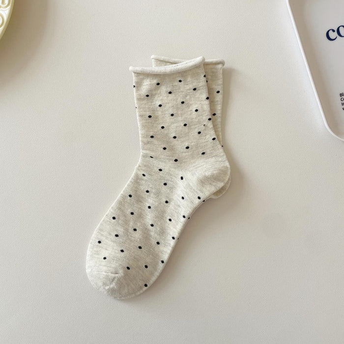 Wholesale Curled edge polka dot socks, mid tube socks, simple pile socks, sweat absorbing long socks