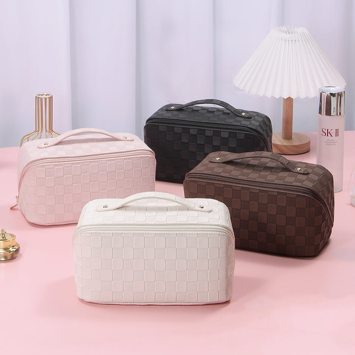 Wholesale PU Leather Makeup Bag Checkered Pillow Bag Large Capacity Toilet Bag Multi functional Waterproof Storage Bag