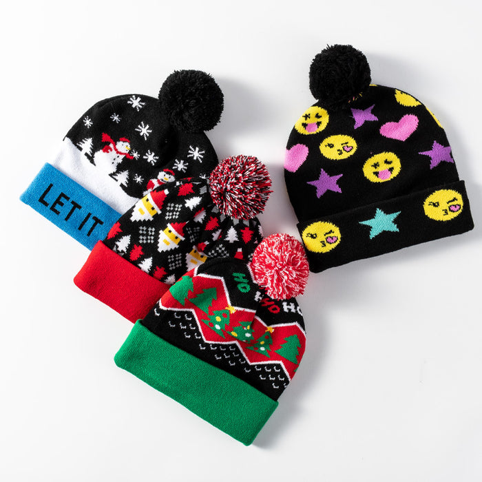 Wholesale 1000pcs Christmas Knitted Hat Jacquard Christmas Elk Luminous Led Wool Hat Christmas Fur Ball Hat