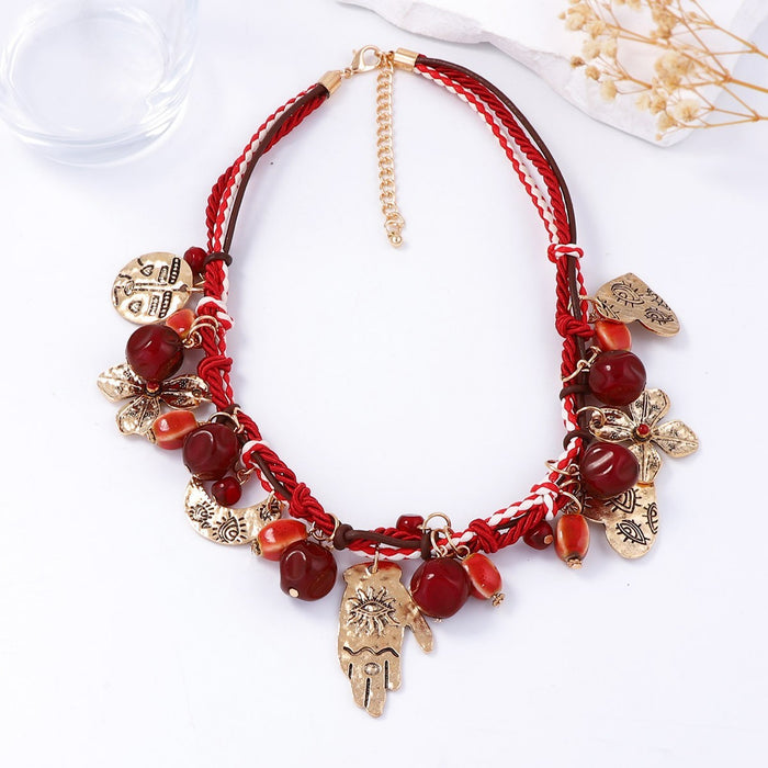 Wholesale Bohemian Ethnic Style three Strand Red Rope Necklace Alloy Pendant Necklace
