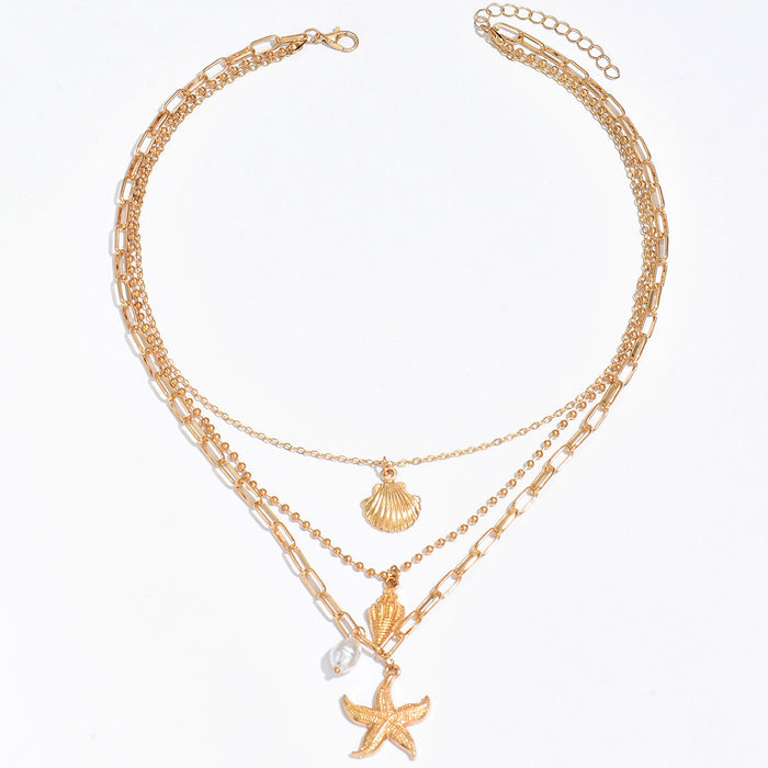 Wholesale Fashionable multi-layer layered metal starfish pendant necklace with conch shell necklace