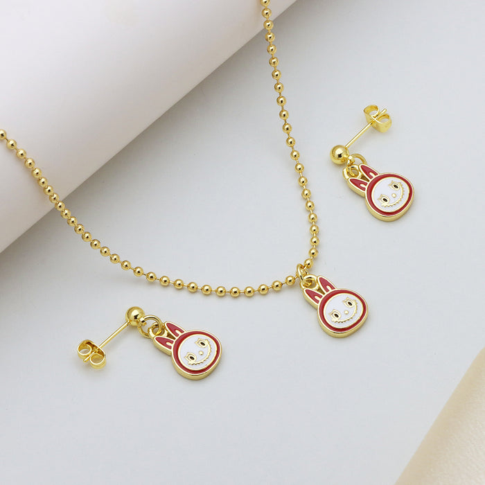 Wholesale Cartoon Cat Color Dripping Oil Brass Pendant Pendant Ball Chain Cute Earrings Set