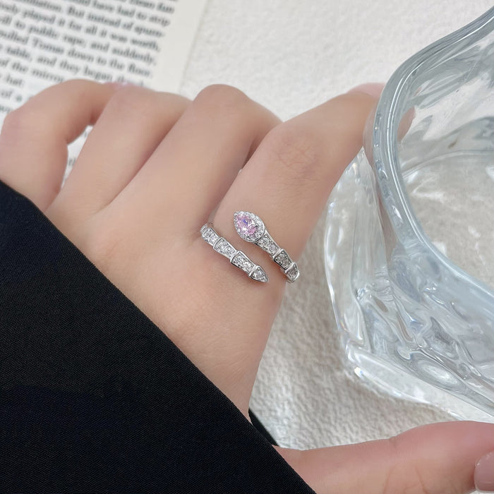 Wholesale S925 Sterling Silver Light Luxury Flash Diamond Snake Ring Unique Pink Zircon Finger Ring Exquisite