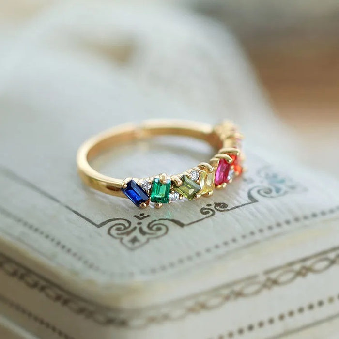 Wholesale Zircon personalized micro inlaid ring, light luxury inlaid fashionable rainbow ring