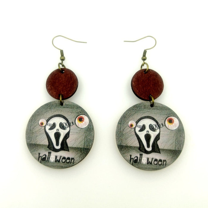 Wholesale Halloween Wooden Print Ghost Earrings JDC-ES-Yinxue007