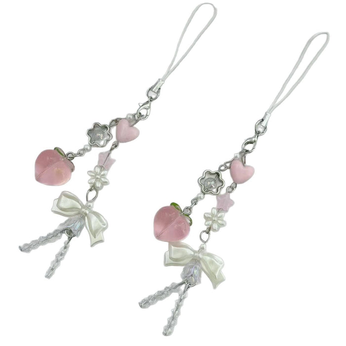 Wholesale Peach Pendant Love Green Leaf Beaded Mobile Phone Chain Pendant Small Fresh Keychain