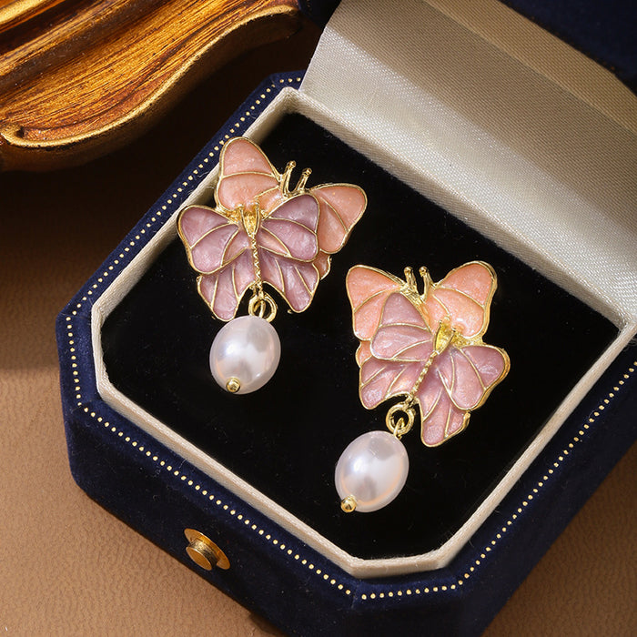 Wholesale Silver needle pearl retro butterfly niche fashion high-end earrings