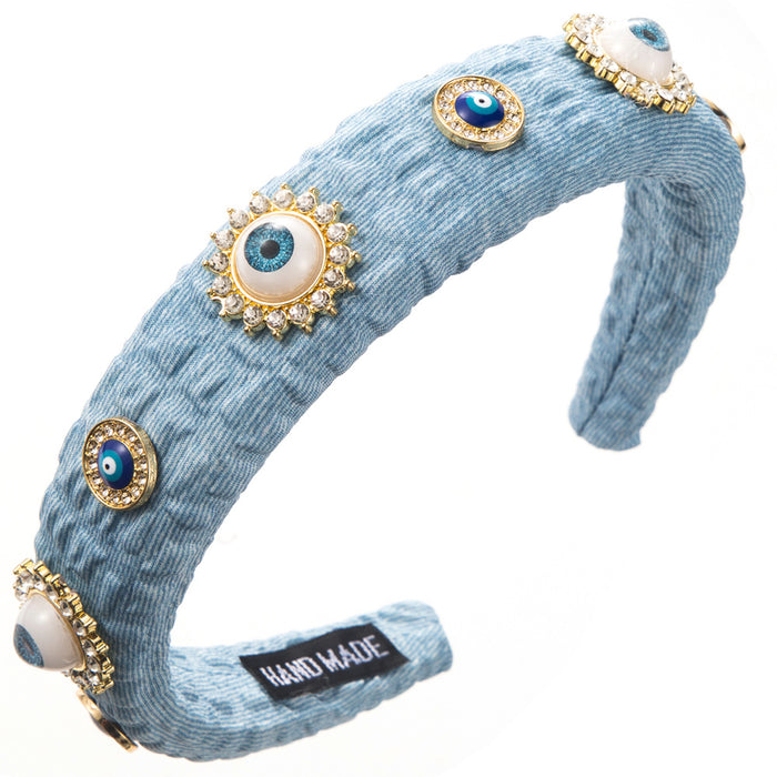 Wholesale Retro denim fabric alloy heart-shaped pearl-encrusted evil eye headband