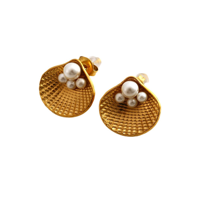 Wholesale Fashionable stainless steel pearl ring earring set with high-end temperament and shell earrings ring