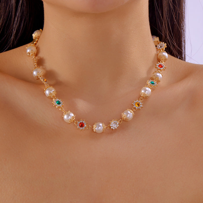 Wholesale niche diamond pearl ing necklace female design sense pearl colored diamond flower necklace