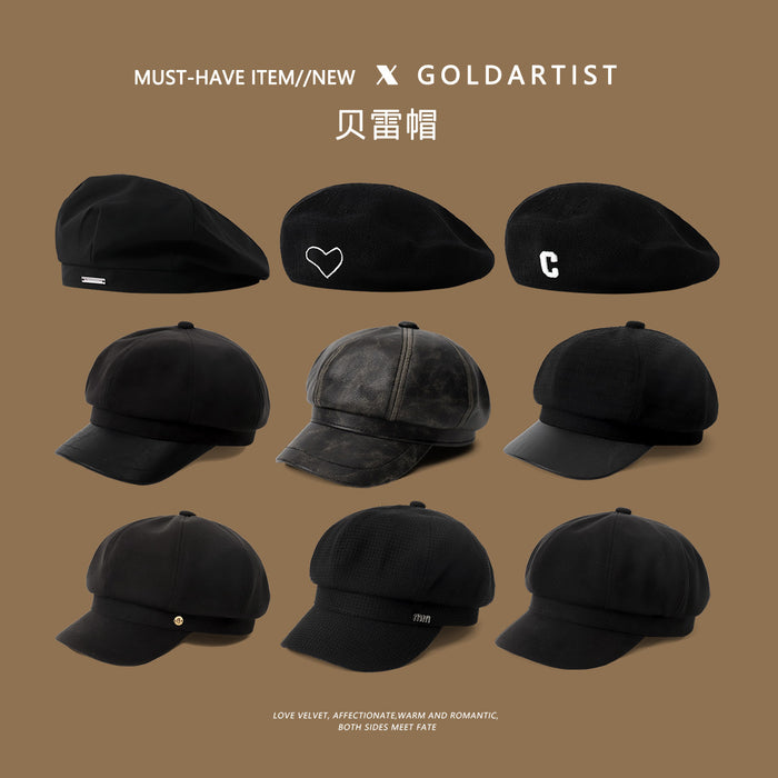 Wholesale Autumn and winter black beret women's big head circumference octagonal hat retro versatile