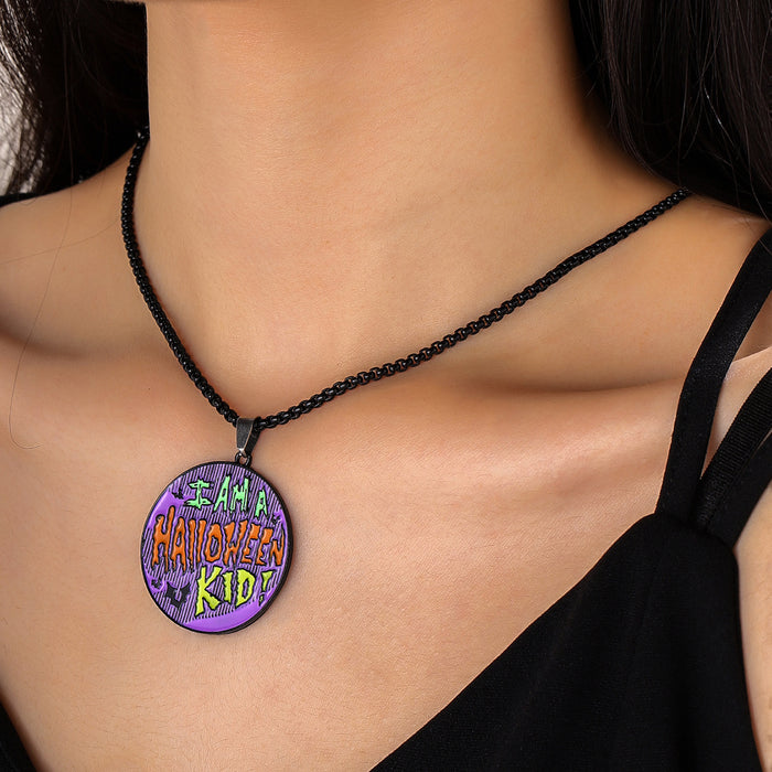 Wholesale Halloween round print bat pendant personalized colorful letters necklace