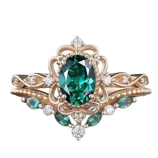 Wholesale Emerald zircon ring set in rose gold alloy