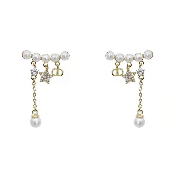 Wholesale Earrings Alloy Pearl Chain Tassel Stars MOQ≥2 JDC-ES-HaoBiao022