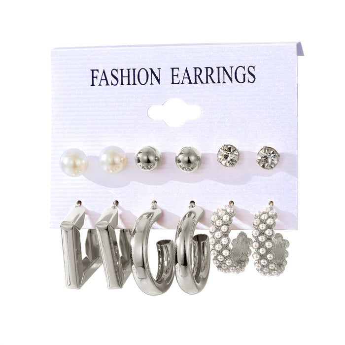 Wholesale 6-piece geometric pearl and diamond statement earring set