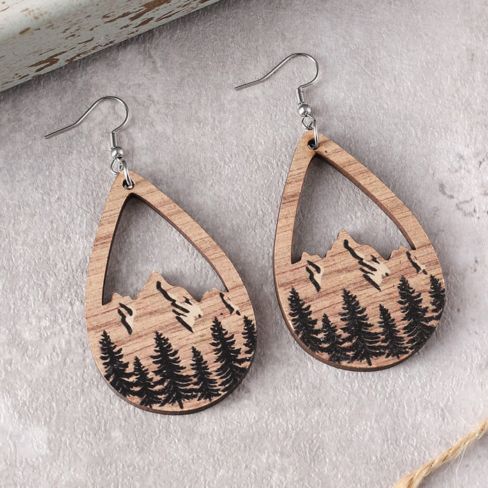Wholesale Western style mountain pine wood water drop pendant earrings double-sided hollow ear jewelry party gift