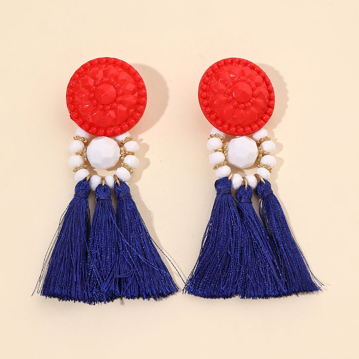 Wholesale Red, blue, and white rainbow shaped woven cotton rope tassel with sparkling pink acrylic earrings