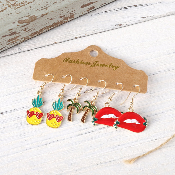 Wholesale Tropical Pineapple Palm Tree Red Lips Drop Oil Earring Set Fashion Accessory Party Gift