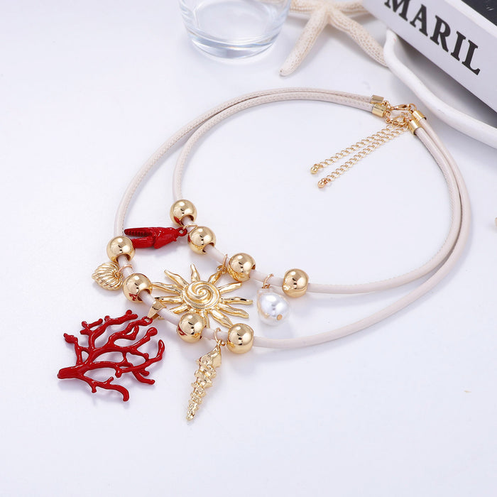 Wholesale Alloy Sun Coral Imitation Pearl Double Layer Stacked Leather Cord Necklace for Women