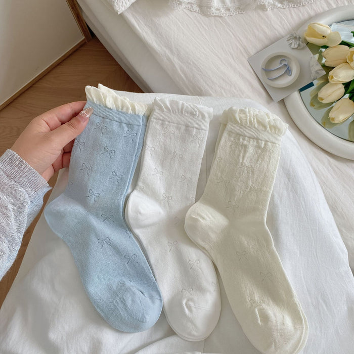 Wholesale Bow shaped mid tube socks, thin mesh, breathable, sweat absorbing, pile socks, long socks