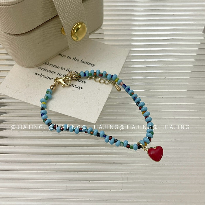 Wholesale Blue bead red heart bracelet, new bracelet with niche design and temperament