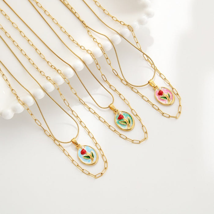 Wholesale Oil Painting Flower Pendant Earrings Necklace Set Versatile Stainless Steel Oil Dripping Double Layer Clavicle Chain