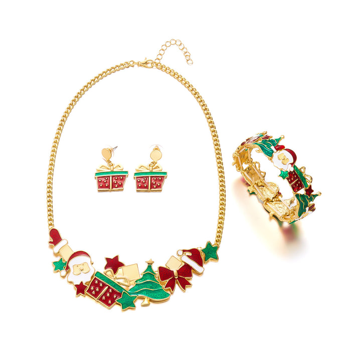 Wholesale Christmas necklace set alloy oil drop fashion earrings bracelet jewelry three-piece set