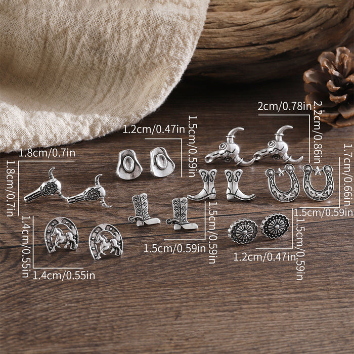 Wholesale Retro ethnic style cowboy earrings Creative design horseshoe bull head flower shoe and hat accessories