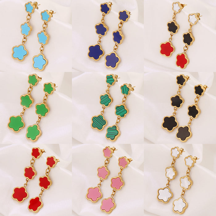 Wholesale Stainless Steel Five-Leaf Clover Earrings Niche Versatile Tassel Ear Studs,  Earrings,  Ear Accessories