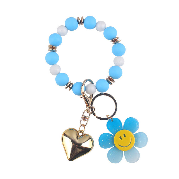 Wholesale Creative Silicone Beads Bracelet Keychain Cartoon Acrylic Smiley Sunflower Pendant Bracelet Key Ring Jewelry