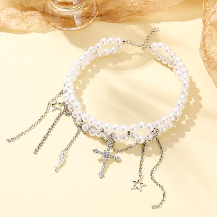 Wholesale  Imitation Pearl Star Tassel Necklace Advanced Sense Cross Necklace Chain