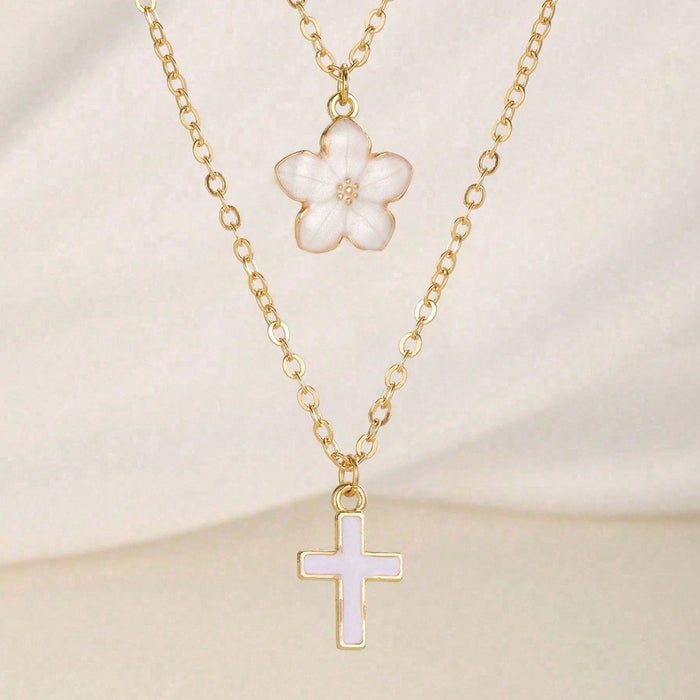 Wholesale Drip Oil Cross Flower Pendant Necklace Layered Collar Chain Necklace