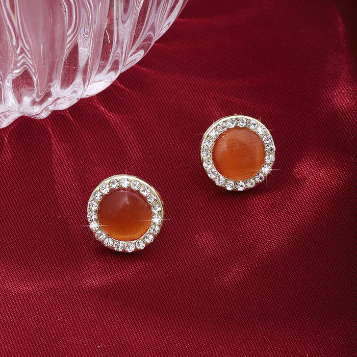 Wholesale Silver Needle Fashion Cat Eye Stone with Diamond and Pearl Earrings, High Grade Color Round Earrings, Wholesale