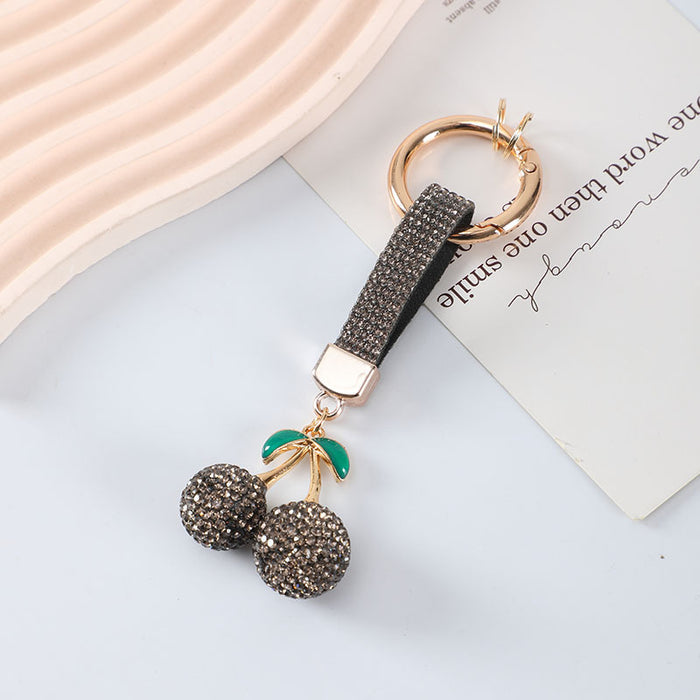 Wholesale Leather Cord with Diamond-Studded Cherry Keychain Pendant