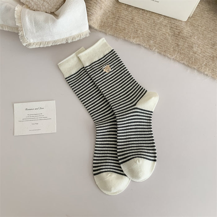 Wholesale Mid length socks, cotton socks, rolled edge striped pile socks, embroidered long socks