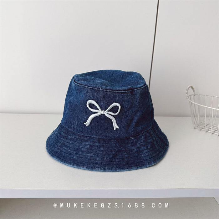 Wholesale Children's denim fisherman hat with bow embroidery trendy children's baby sun hat