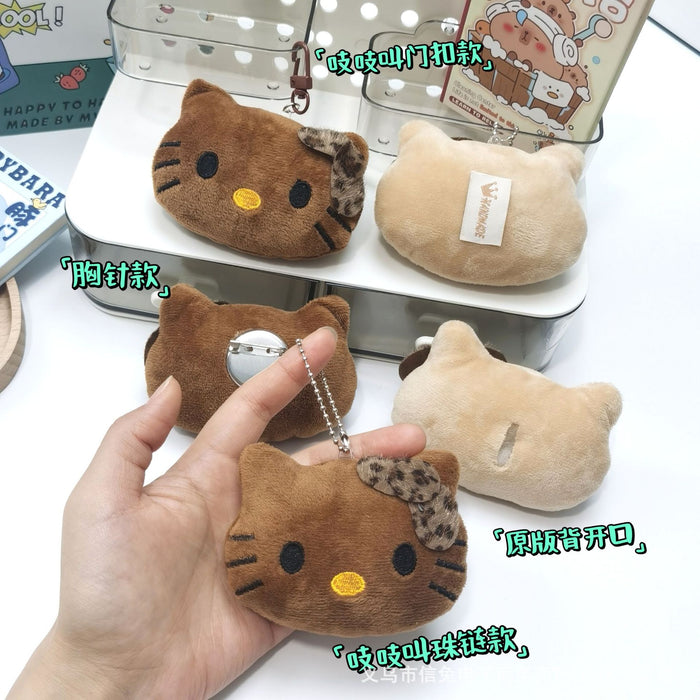 Wholesale Cute Leopard Print Cat Squeaks Pendant Black Leather Plush Brooch Brown Cat Keychain Bag Decoration Accessories