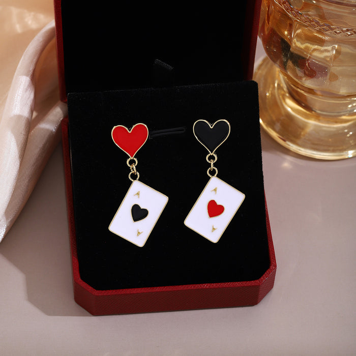 Wholesale Silver Needle Dripping Oil Red Heart Spade Poker Earrings with Light Luxury Design Asymmetric Personality Fashion Versatile Earrings