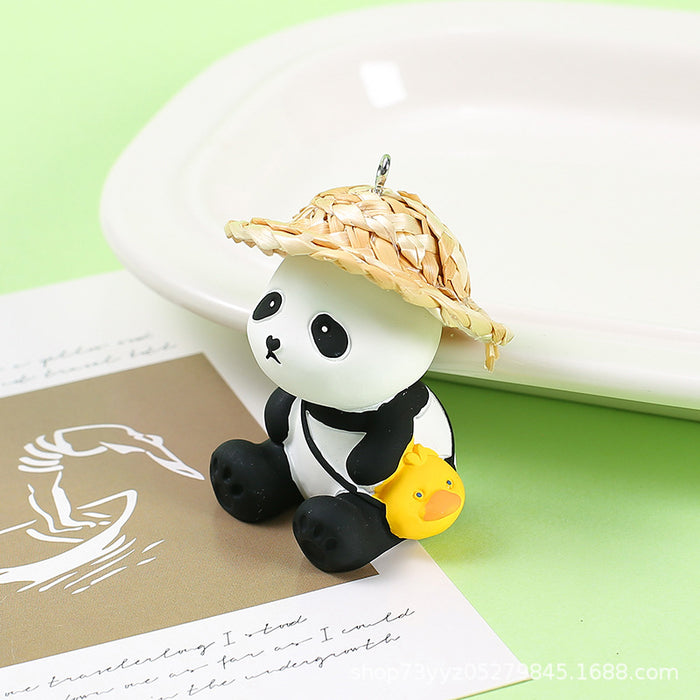 Wholesale Resin panda Friends series Creative straw hat panda Keychain Car schoolbag